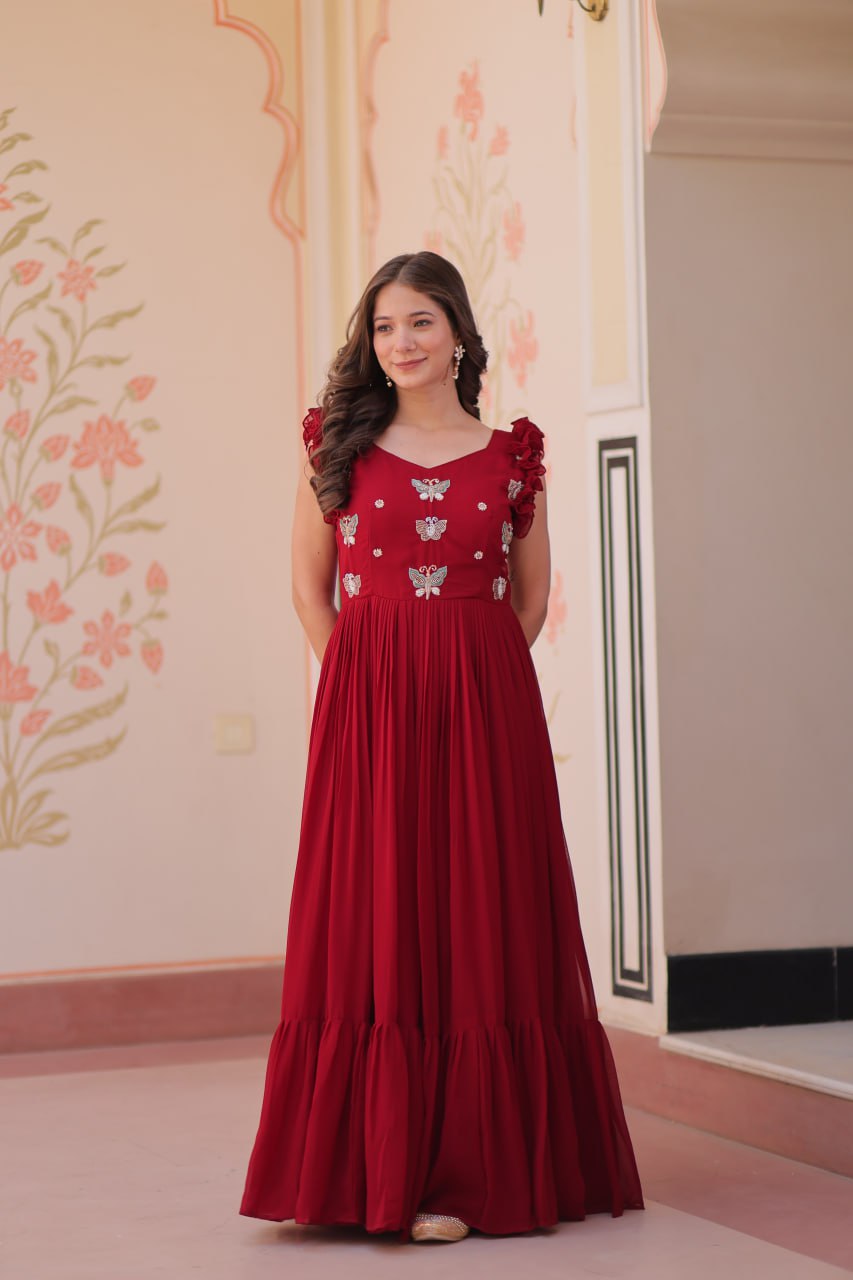 Maroon Faux Blooming With Sequins Embroidered Work Sleevesless Gown