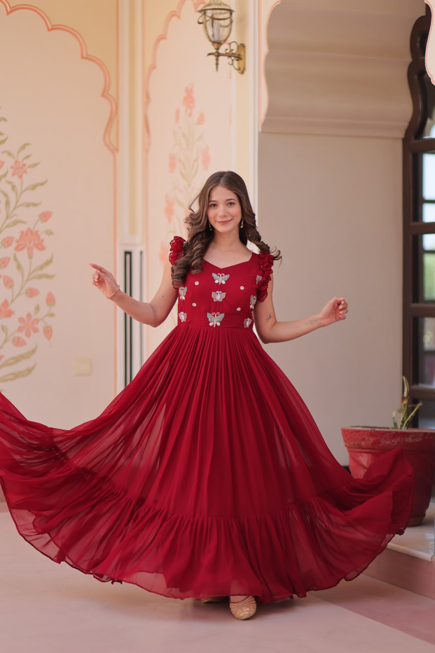 Maroon Faux Blooming With Sequins Embroidered Work Sleevesless Gown