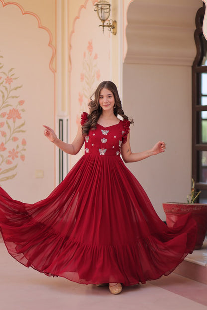 Maroon Faux Blooming With Sequins Embroidered Work Sleevesless Gown