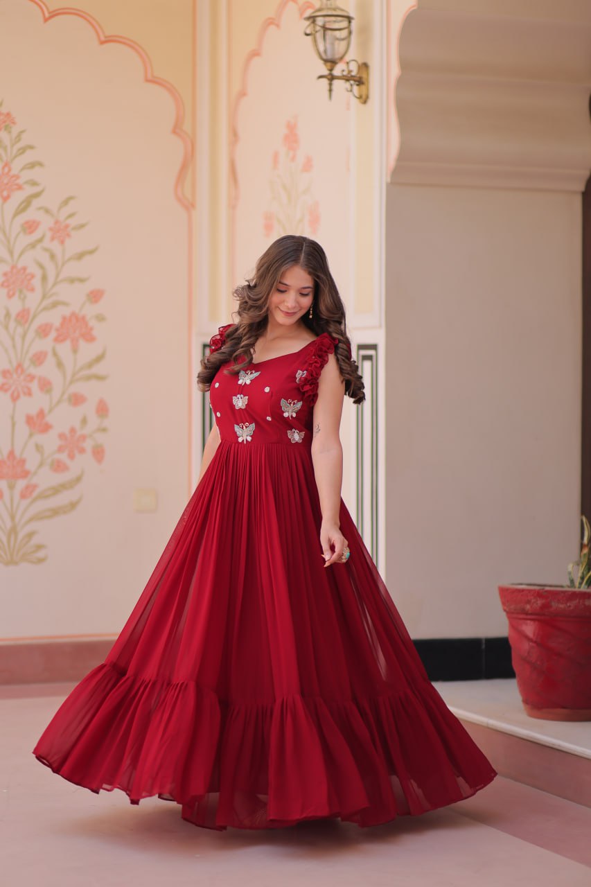 Maroon Faux Blooming With Sequins Embroidered Work Sleevesless Gown