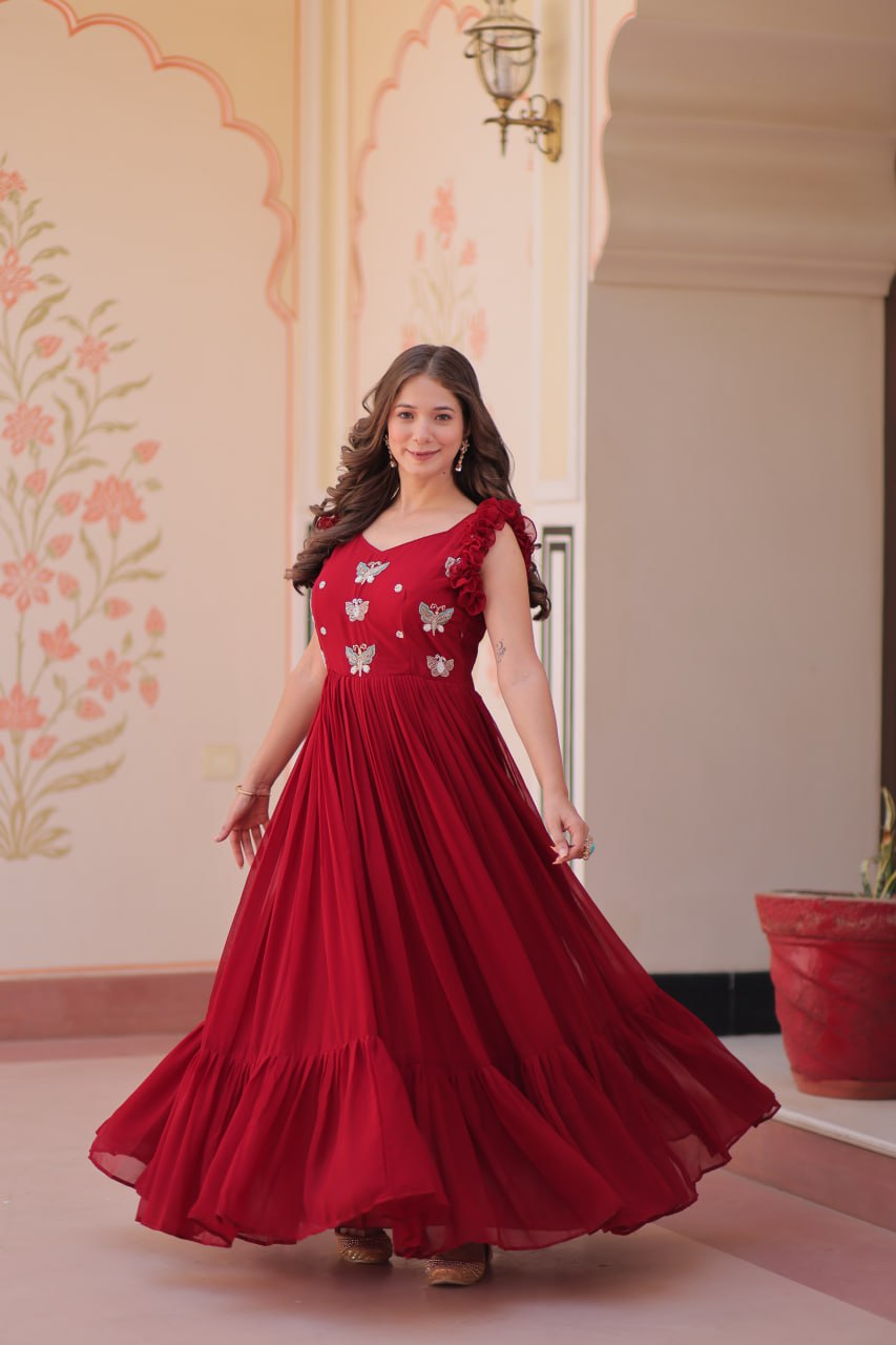 Maroon Faux Blooming With Sequins Embroidered Work Sleevesless Gown