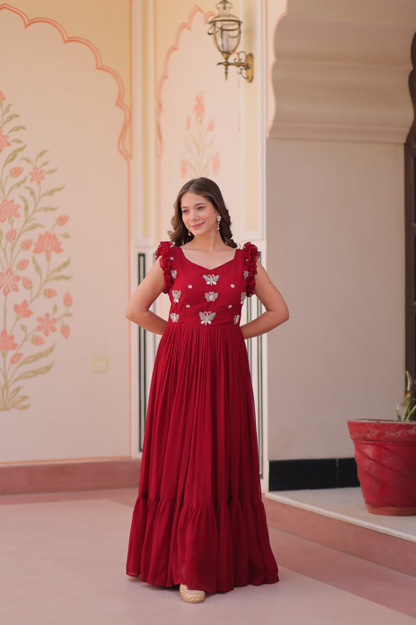 Maroon Faux Blooming With Sequins Embroidered Work Sleevesless Gown