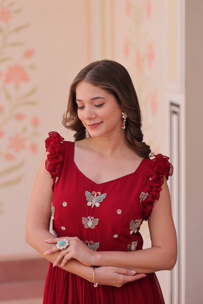 Maroon Faux Blooming With Sequins Embroidered Work Sleevesless Gown