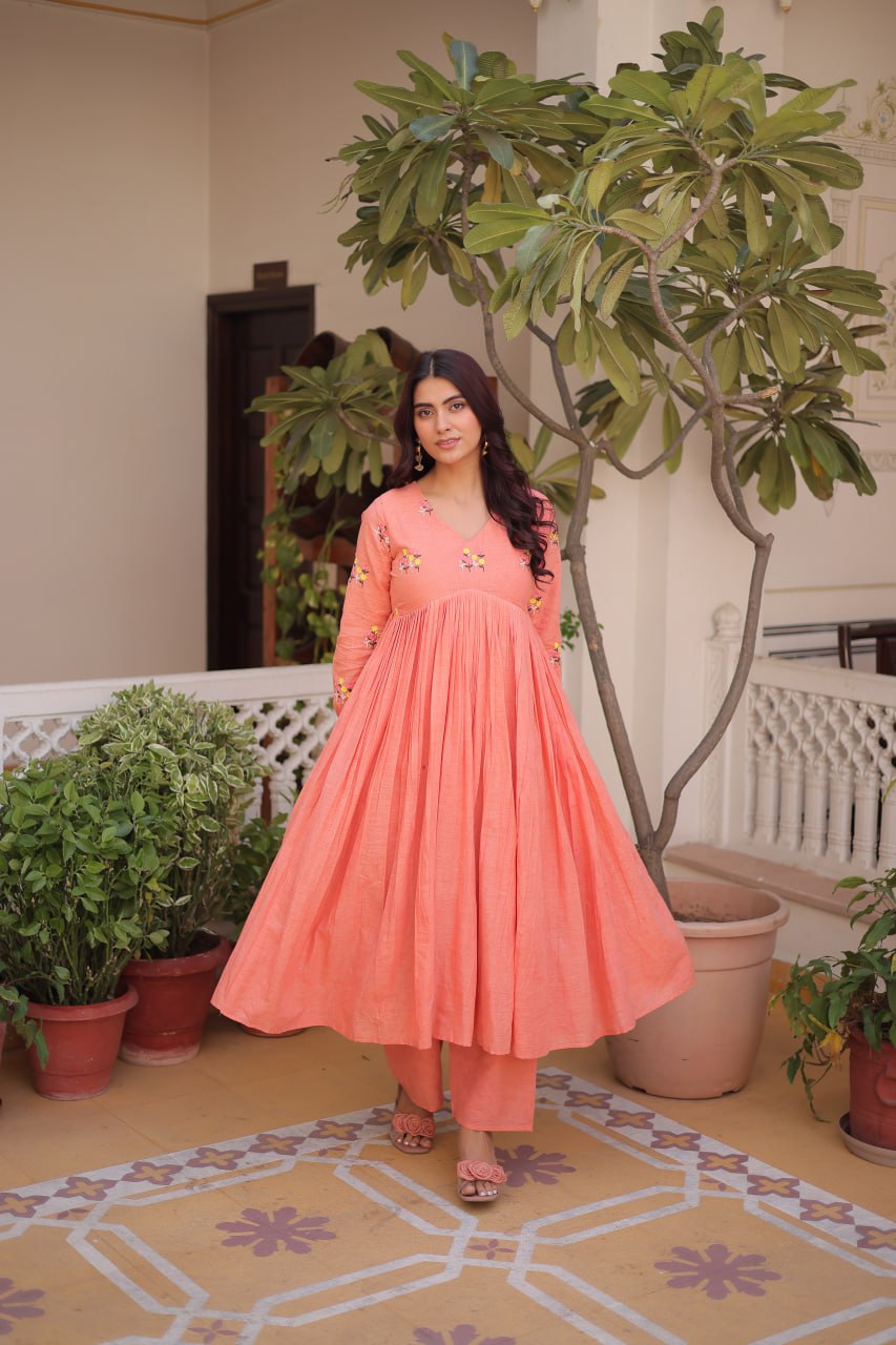 Pink Designer Cotton With Embroidered Work Suit