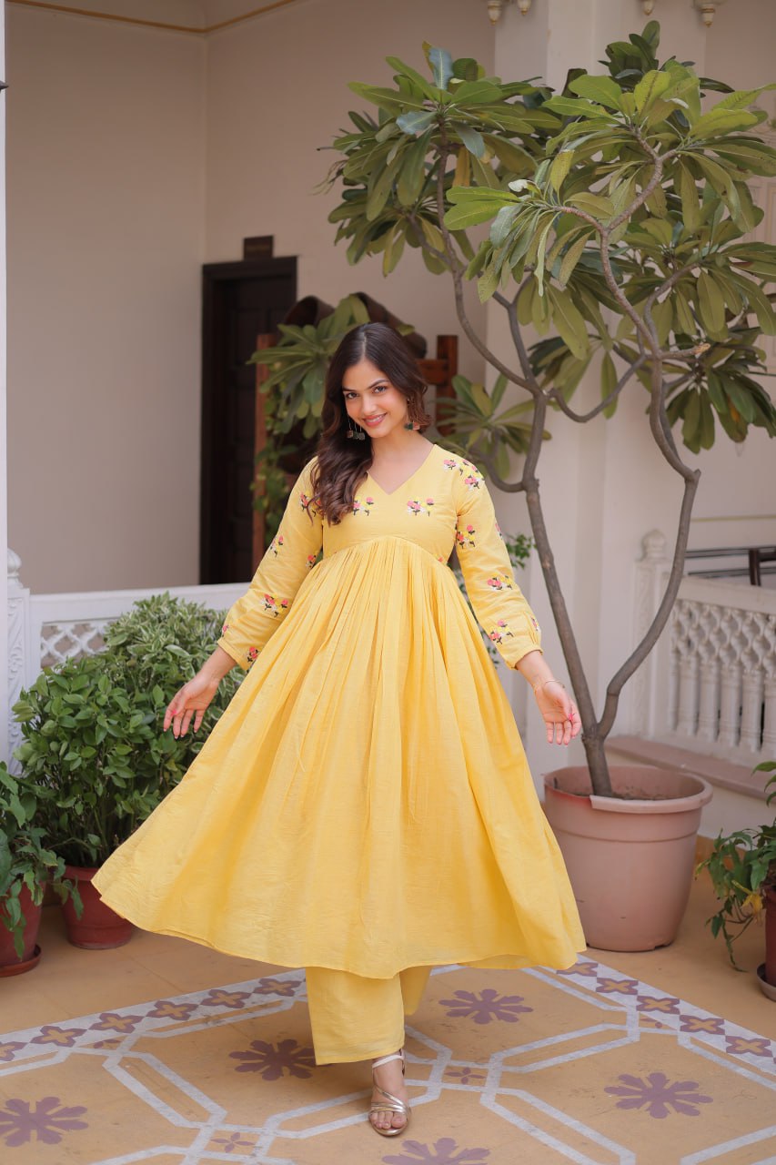 Yellow Designer Cotton With Embroidered Work Suit