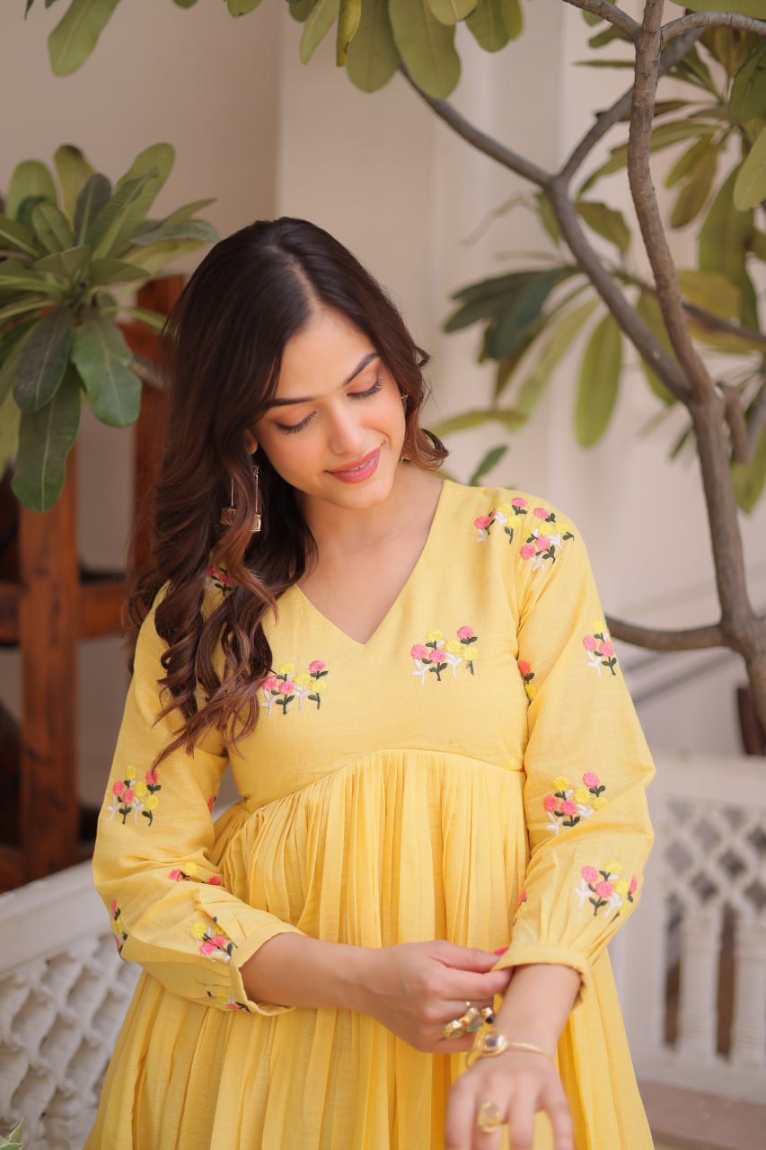 Yellow Designer Cotton With Embroidered Work Suit