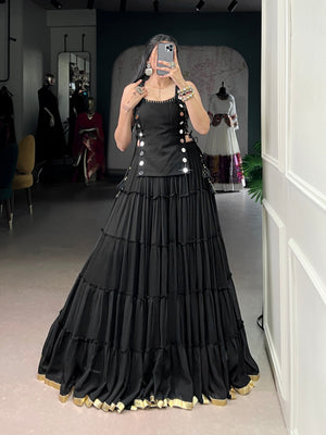 Black designer Navratri lehenga choli feather-light tiered flare with mirror work
