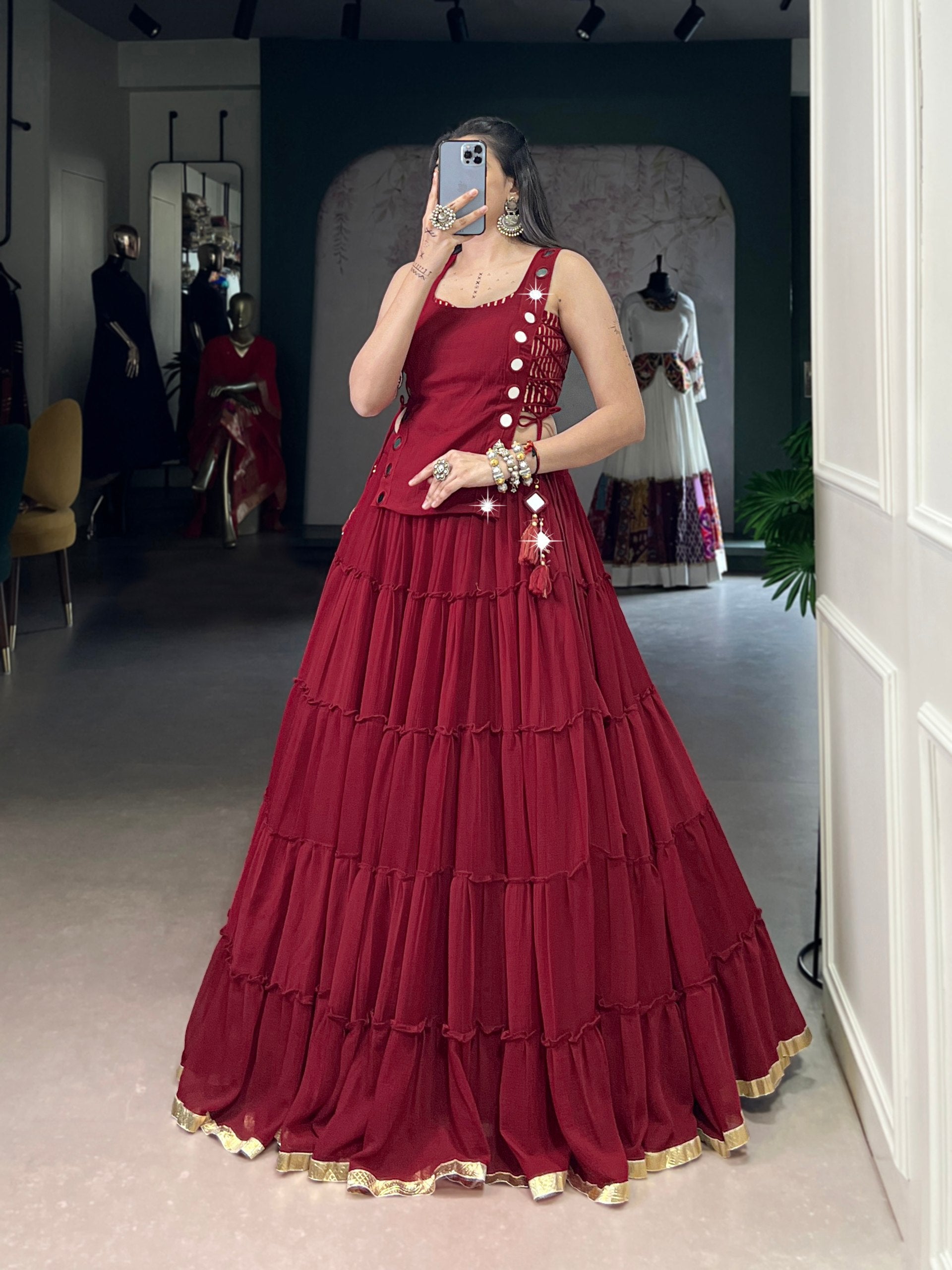 Maroon designer Navratri lehenga choli feather-light tiered flare with mirror work
