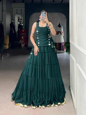 Bottle green garba lehenga with mirror embellished asymmetric choli and gold lace
