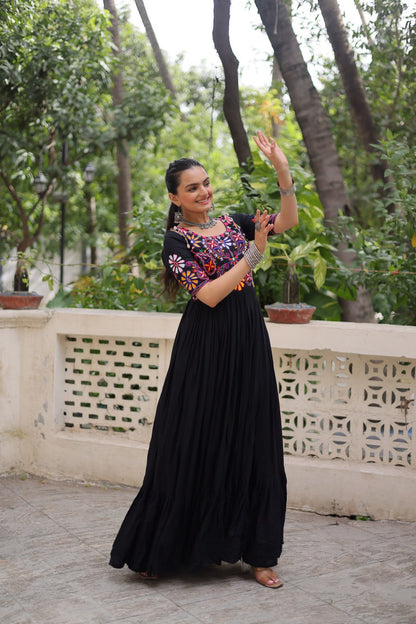 Black Reyon Kutchi Gamthi Embroidered Thread Work Navratri Gown