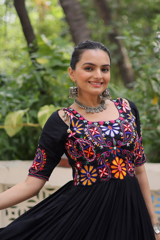 Black Reyon Kutchi Gamthi Embroidered Thread Work Navratri Gown