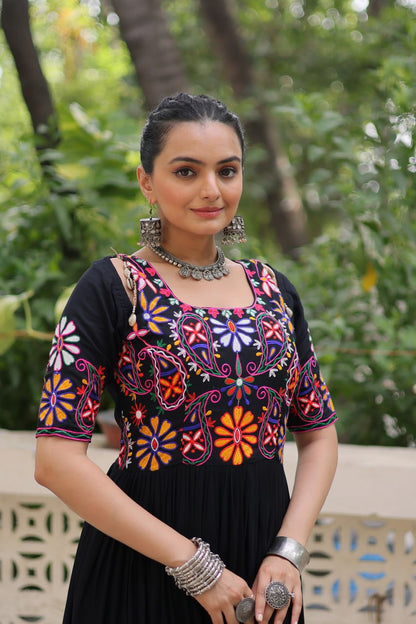 Black Reyon Kutchi Gamthi Embroidered Thread Work Navratri Gown