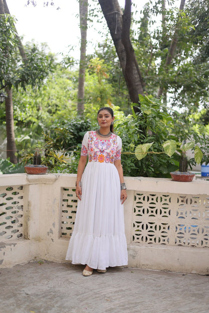 White Reyon Kutchi Gamthi Embroidered Thread Work Navratri Gown