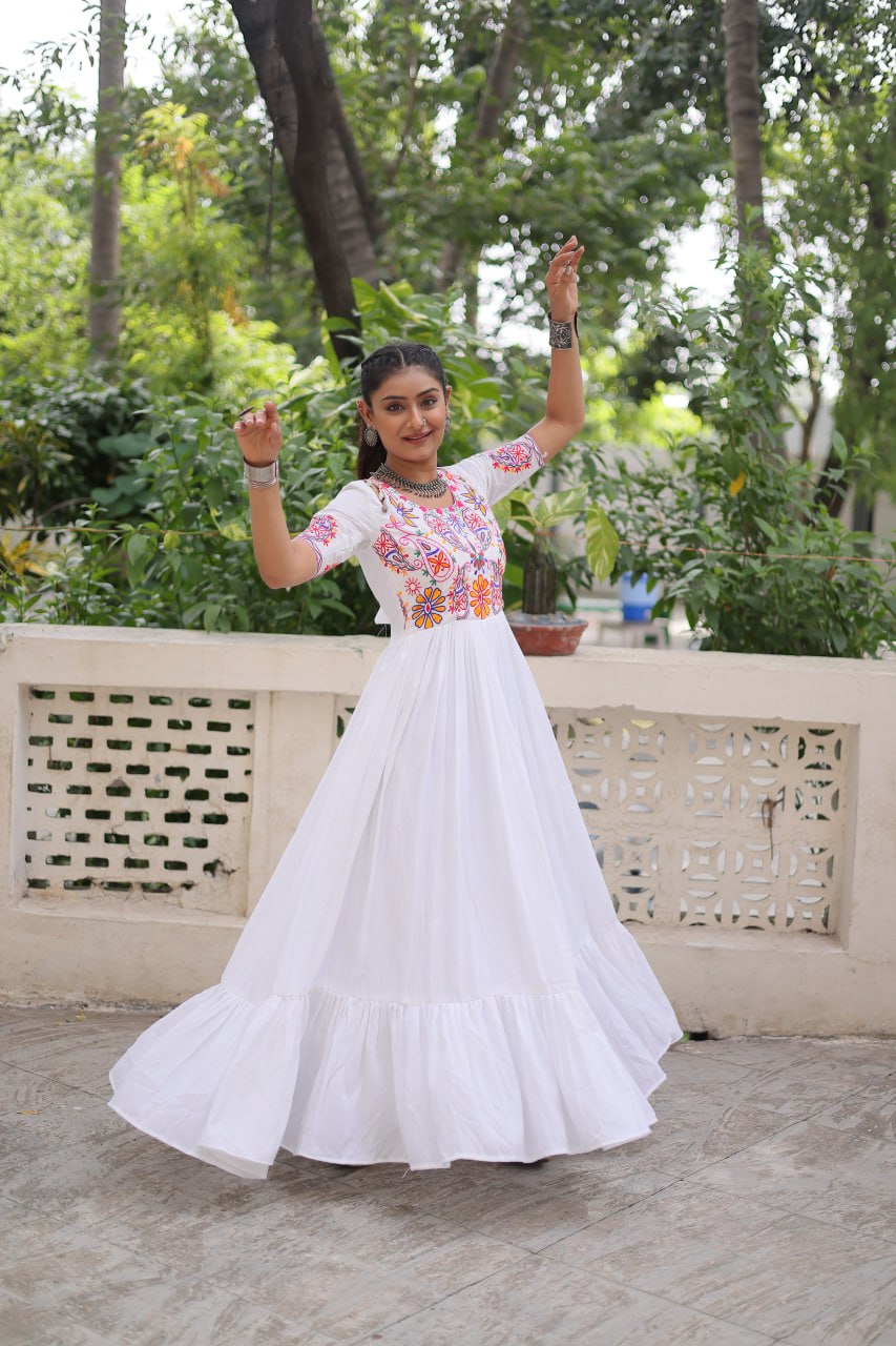 White Reyon Kutchi Gamthi Embroidered Thread Work Navratri Gown
