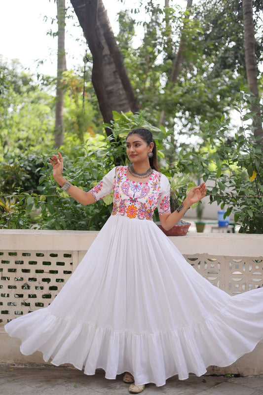 White Reyon Kutchi Gamthi Embroidered Thread Work Navratri Gown