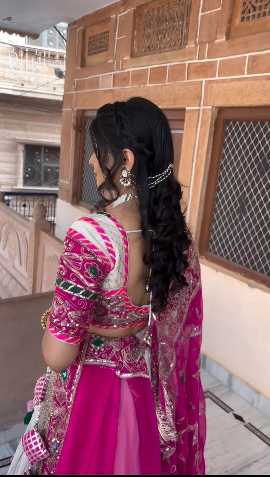 Designer Navratri chaniya choli with heavy embroidered pink blouse and mirror work
