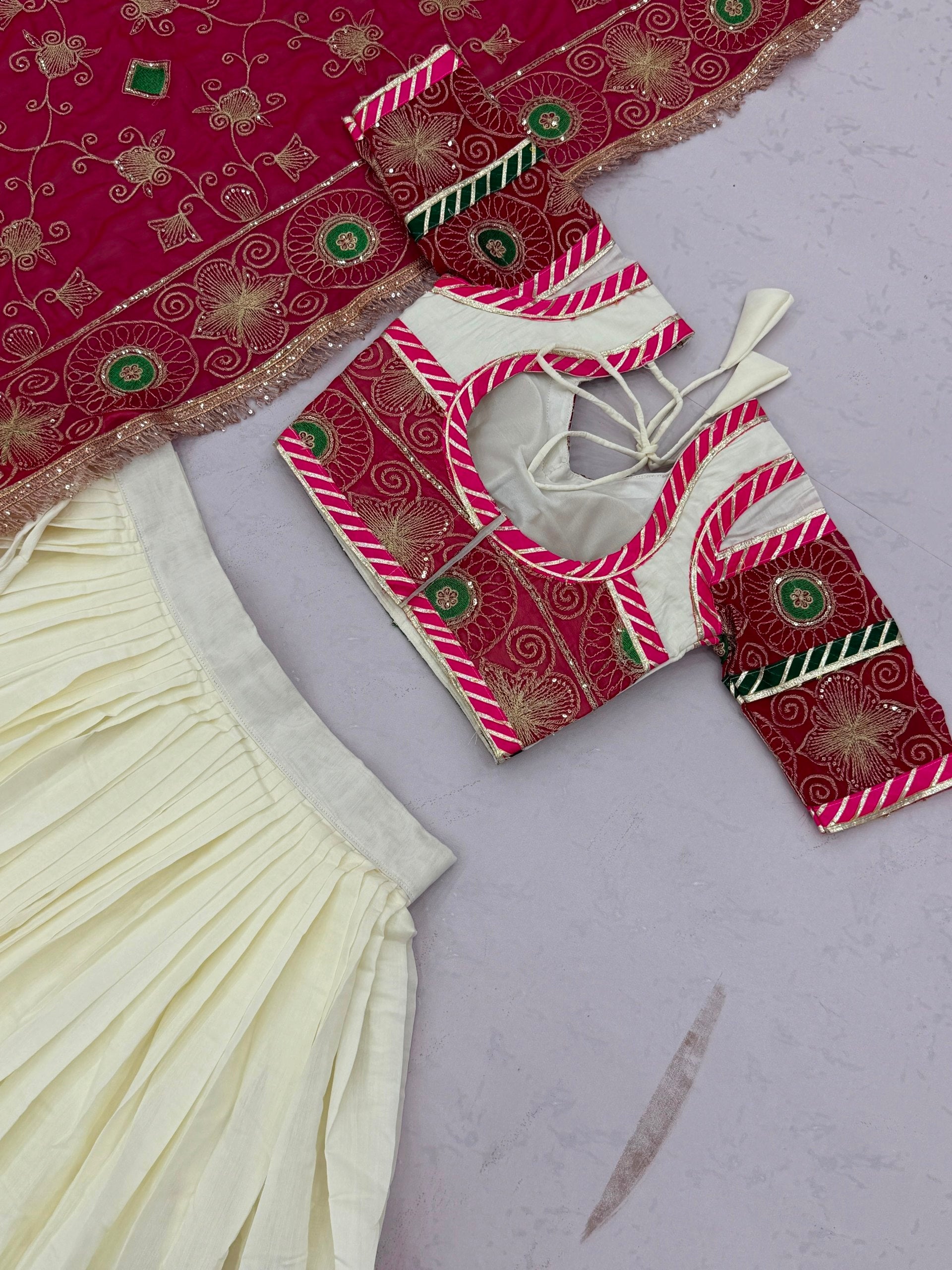 Roman silk Navratri lehenga choli white and pink with sequin work for garba
