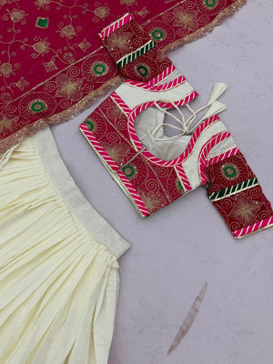 Roman silk Navratri lehenga choli white and pink with sequin work for garba
