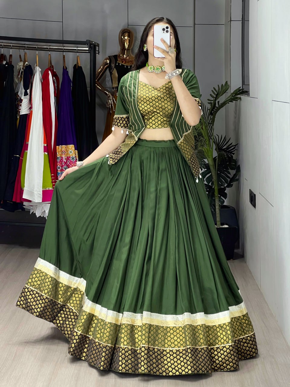 Mehandi Pure Rayon Cotton Plain With Silk Butti Daaman Navratri Lehenga Choli