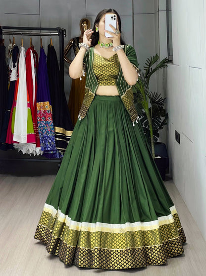 Mehandi Pure Rayon Cotton Plain With Silk Butti Daaman Navratri Lehenga Choli