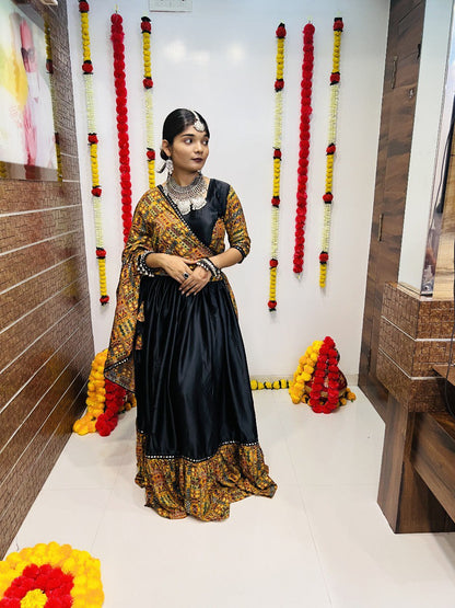 Black Pure Reyon Silk Printed With Mirror Lace Work Navratri Lehenga Choli
