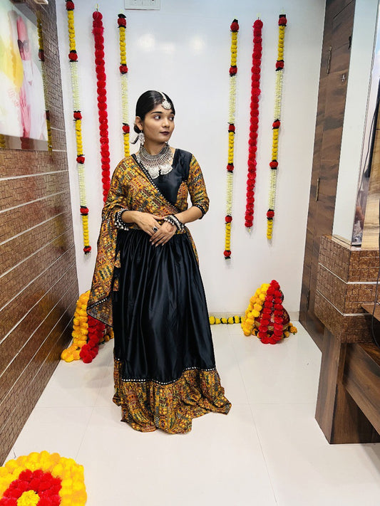 Black Pure Reyon Silk Printed With Mirror Lace Work Navratri Lehenga Choli