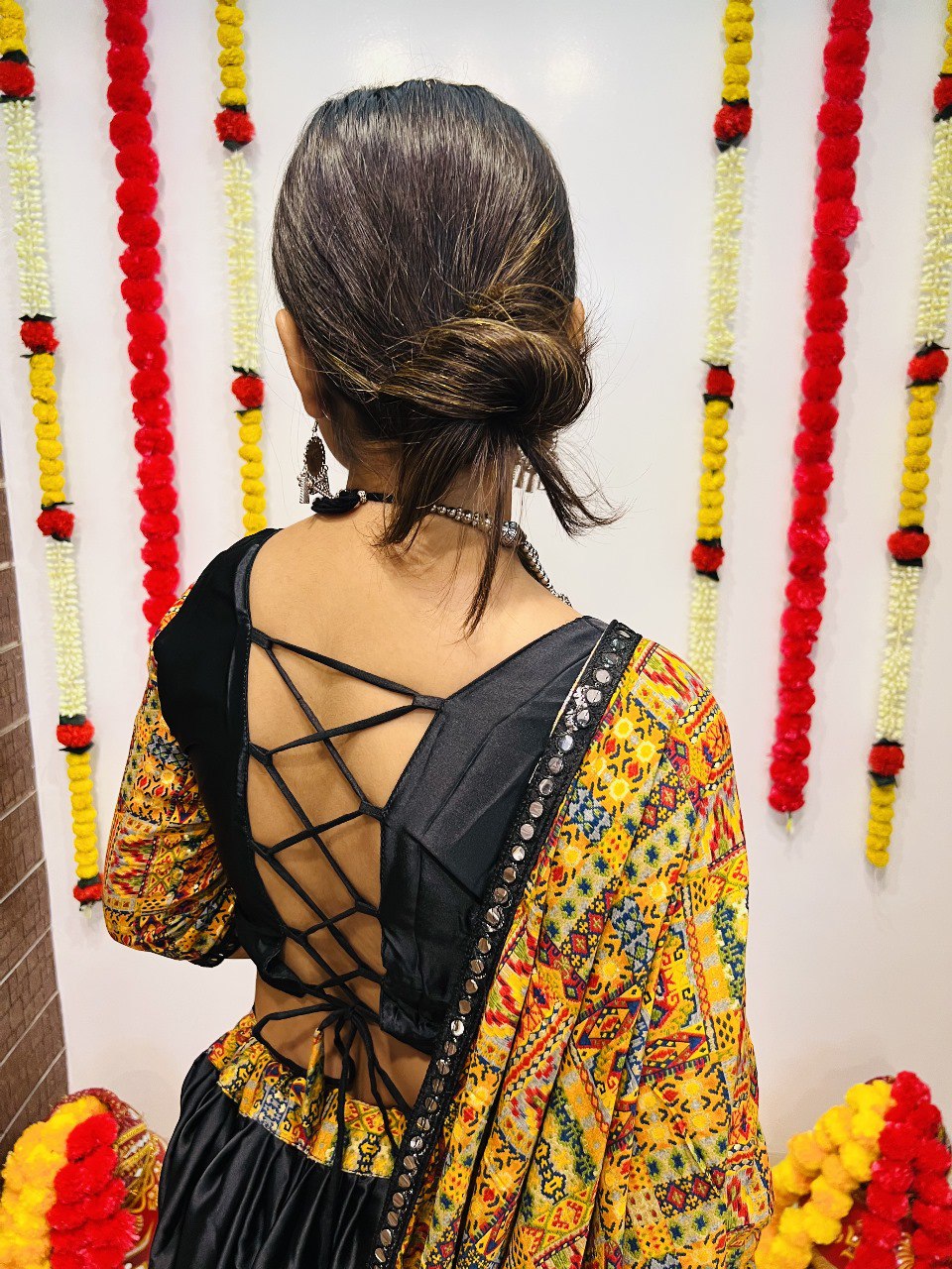 Black Pure Reyon Silk Printed With Mirror Lace Work Navratri Lehenga Choli