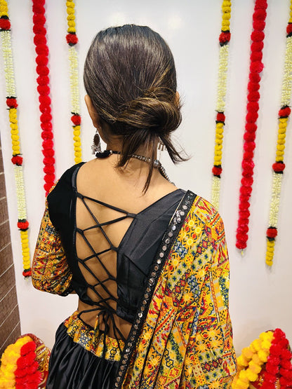 Black Pure Reyon Silk Printed With Mirror Lace Work Navratri Lehenga Choli