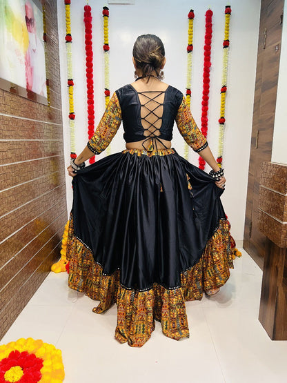 Black Pure Reyon Silk Printed With Mirror Lace Work Navratri Lehenga Choli