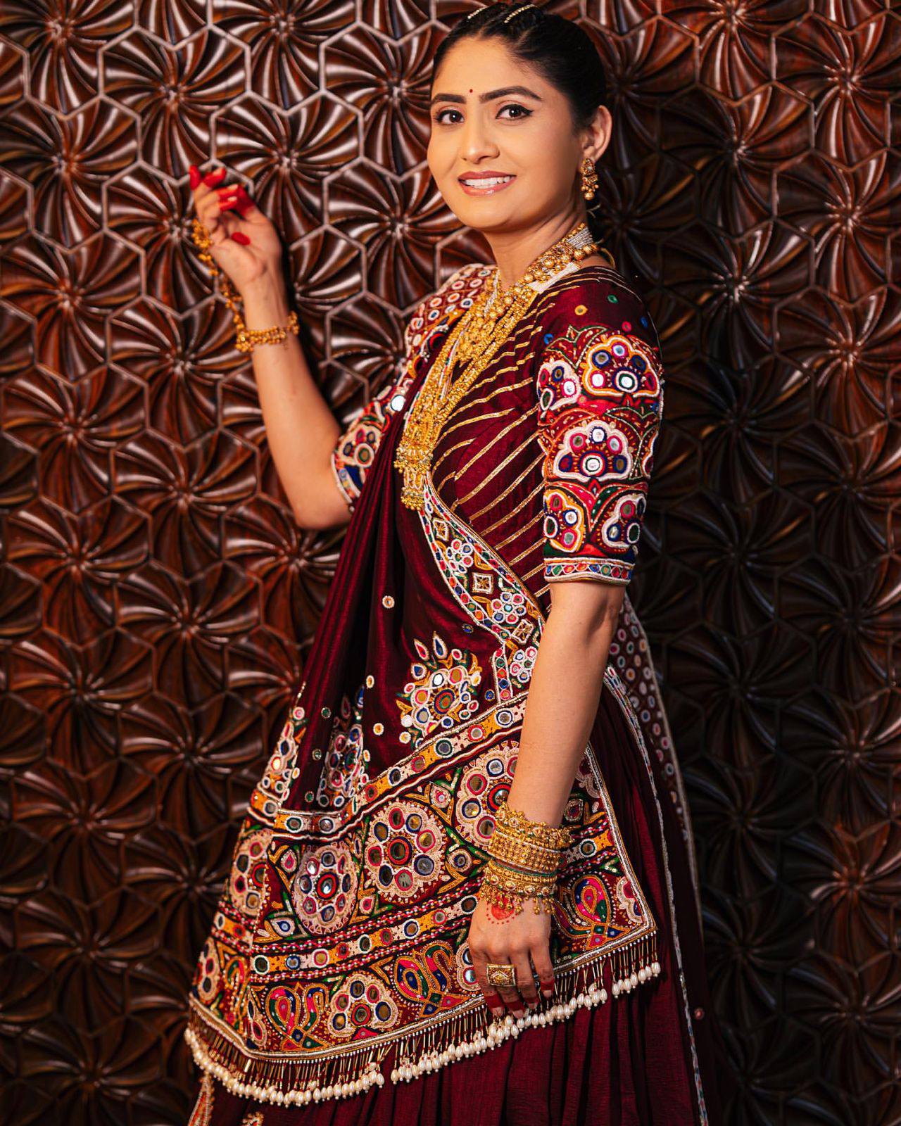 Double layer flared garba lehenga maroon mirror embroidered
