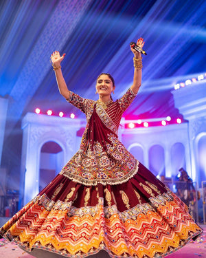 Designer Navratri lehenga with chevron print and gota detailing
