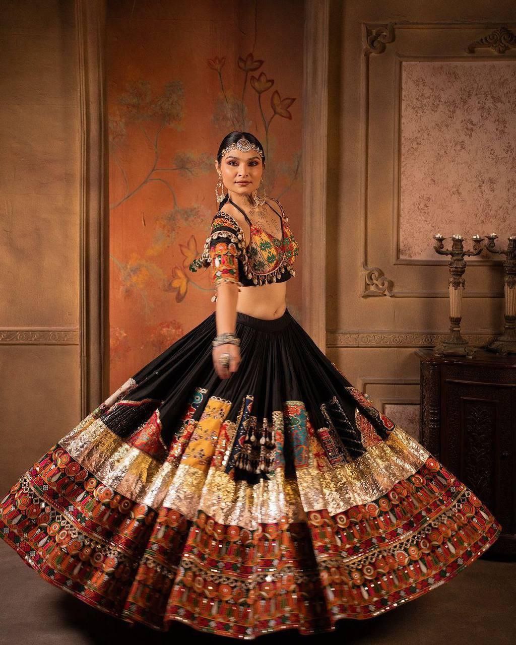 Black Digital Print Real Mirror Work Navratri Lehenga Choli