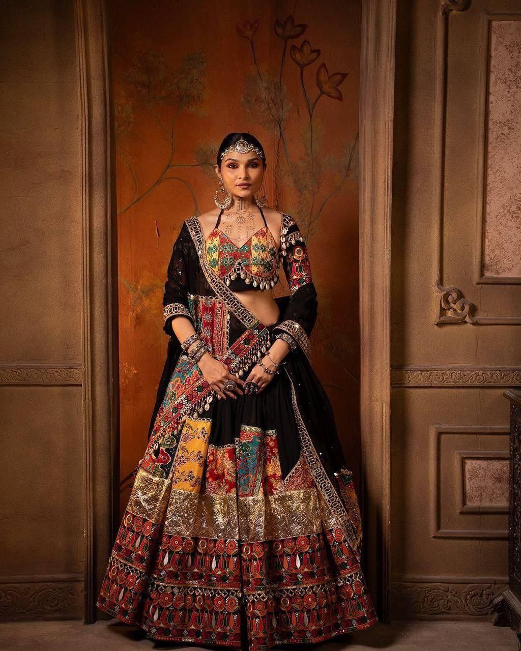 Black Digital Print Real Mirror Work Navratri Lehenga Choli