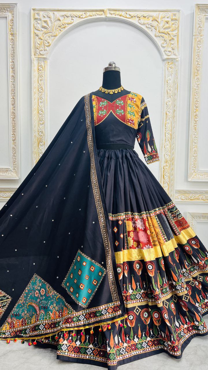 Black Digital Print Real Mirror Work Navratri Lehenga Choli