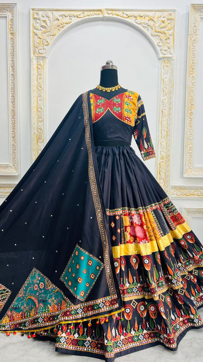 Black Digital Print Real Mirror Work Navratri Lehenga Choli