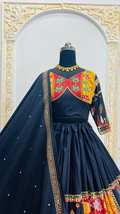 Black Digital Print Real Mirror Work Navratri Lehenga Choli