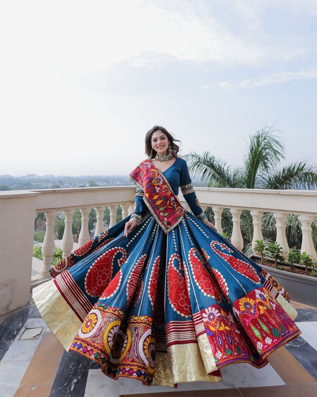Blue Digital Print Real Mirror Work Navratri Lehenga Choli
