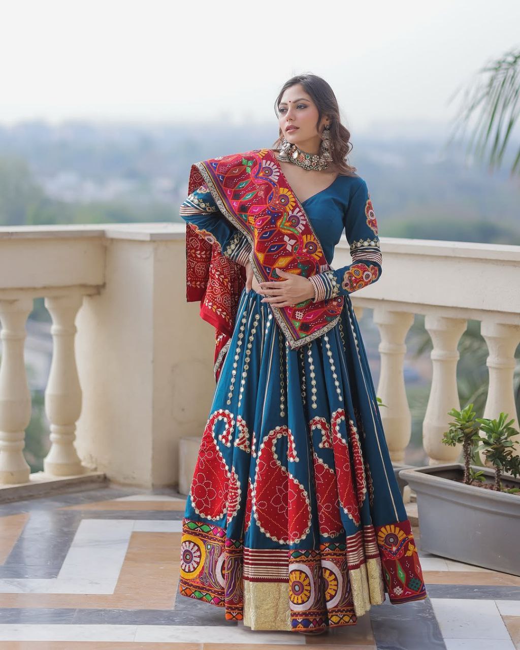 Blue Digital Print Real Mirror Work Navratri Lehenga Choli
