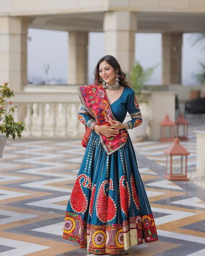 Blue Digital Print Real Mirror Work Navratri Lehenga Choli
