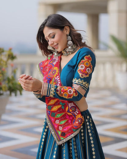 Blue Digital Print Real Mirror Work Navratri Lehenga Choli