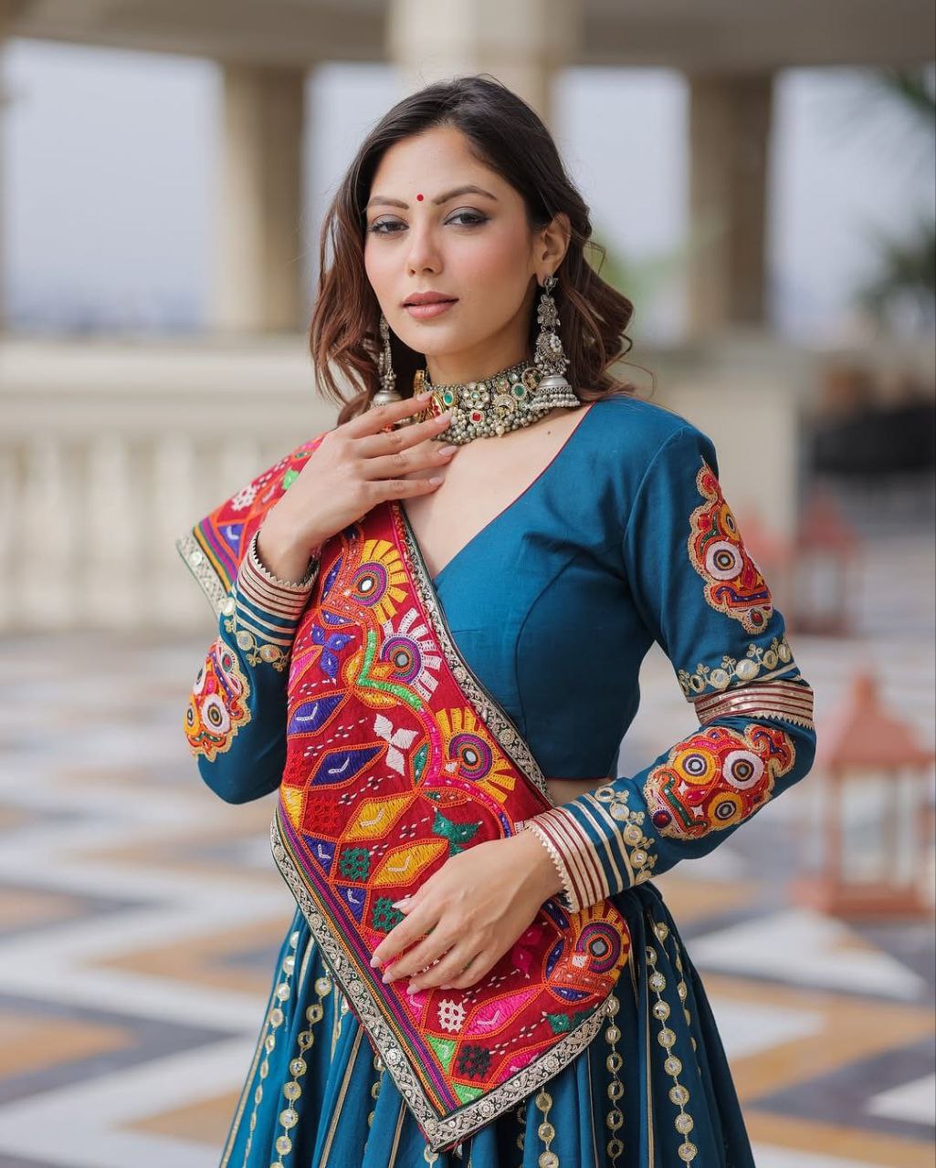 Blue Digital Print Real Mirror Work Navratri Lehenga Choli