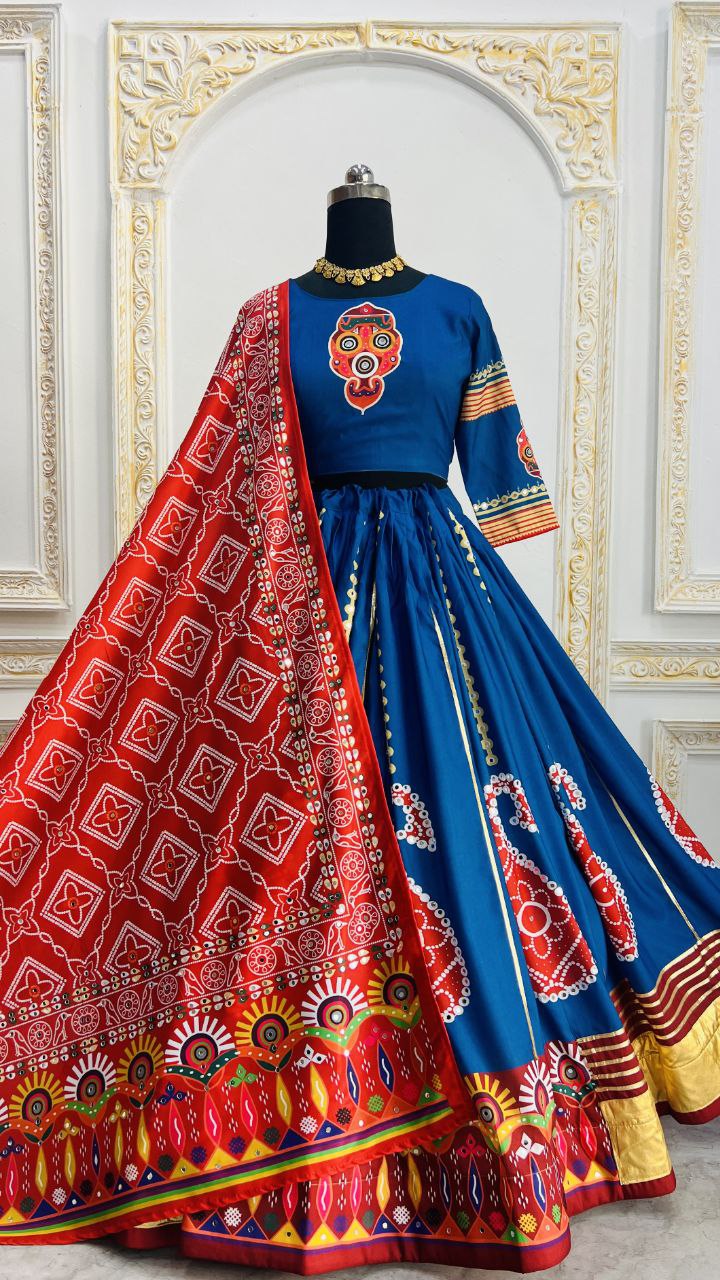 Blue Digital Print Real Mirror Work Navratri Lehenga Choli