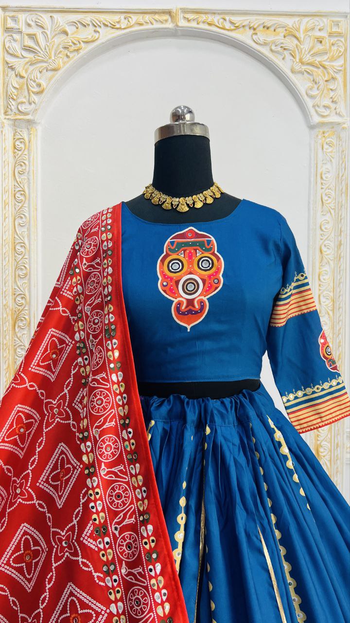 Blue Digital Print Real Mirror Work Navratri Lehenga Choli