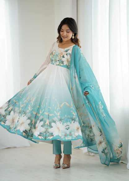 Aqua Blue Organja Silk Flower Position Print Outing Work Salwar Suit
