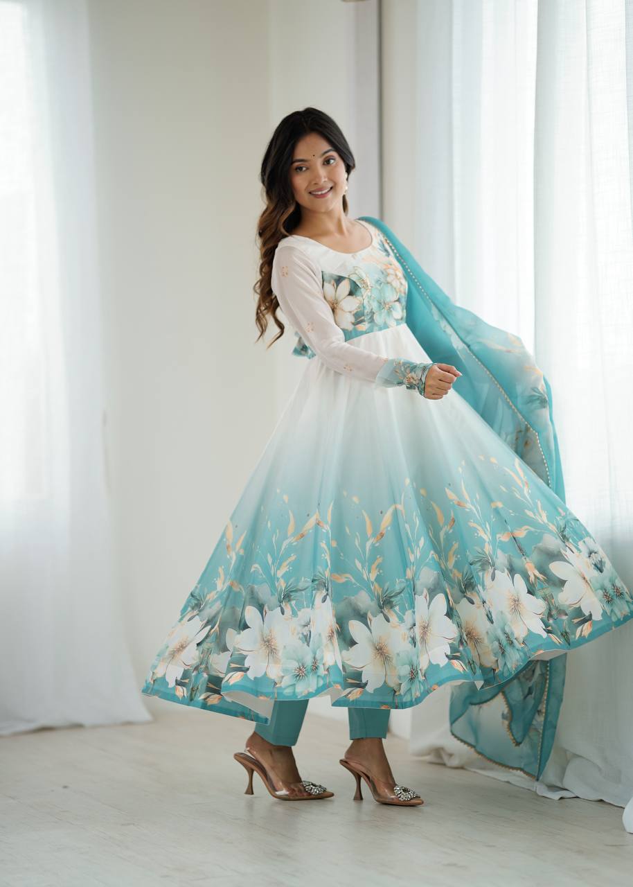 Aqua Blue Organja Silk Flower Position Print Outing Work Salwar Suit