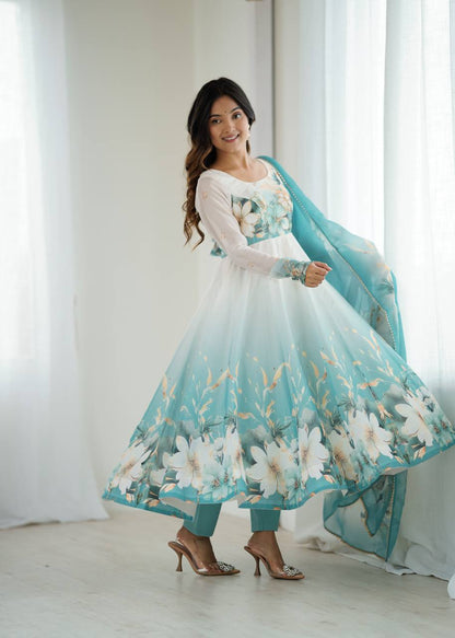 Aqua Blue Organja Silk Flower Position Print Outing Work Salwar Suit
