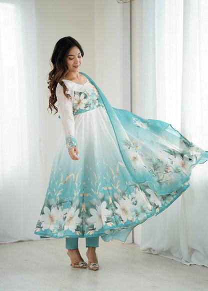 Aqua Blue Organja Silk Flower Position Print Outing Work Salwar Suit