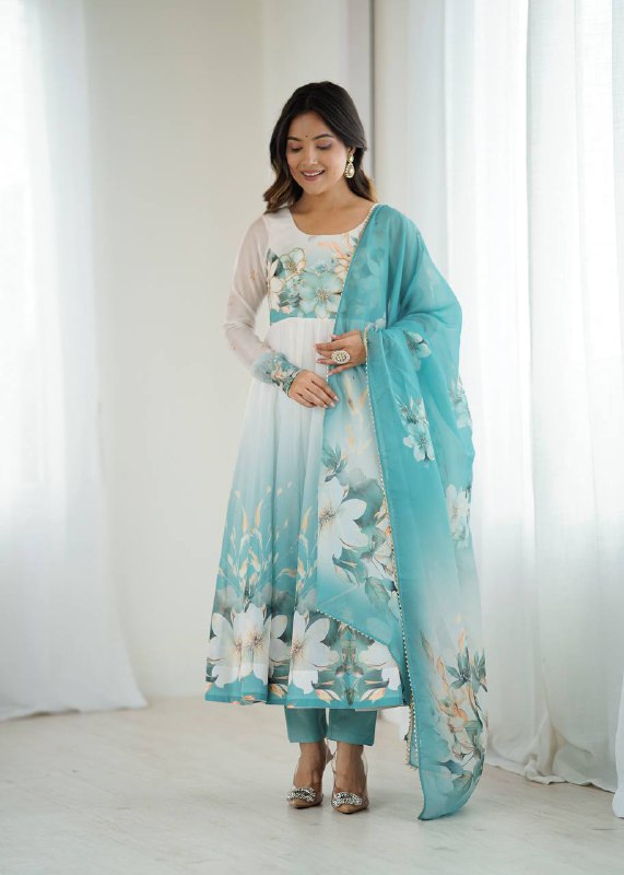 Aqua Blue Organja Silk Flower Position Print Outing Work Salwar Suit