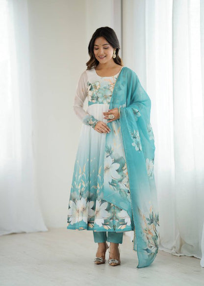 Aqua Blue Organja Silk Flower Position Print Outing Work Salwar Suit
