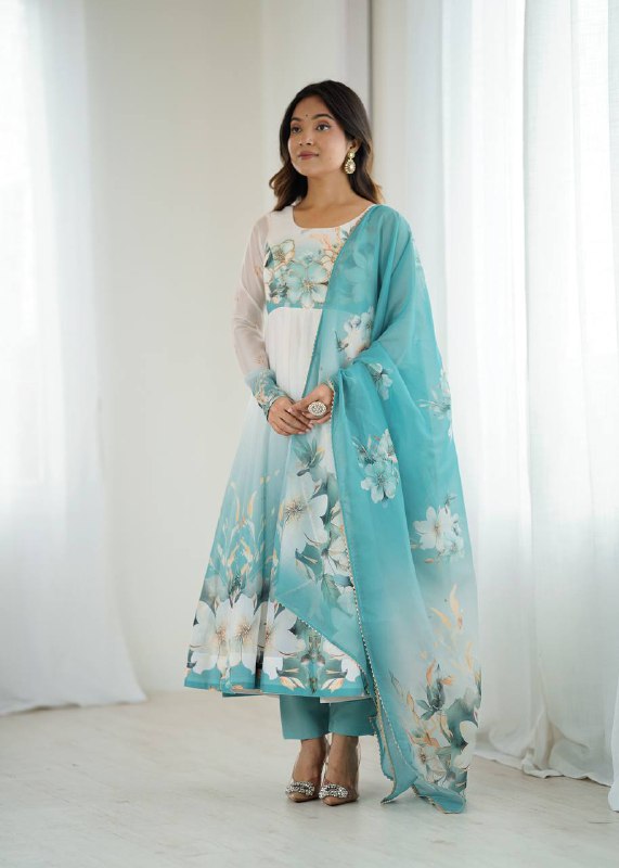 Aqua Blue Organja Silk Flower Position Print Outing Work Salwar Suit